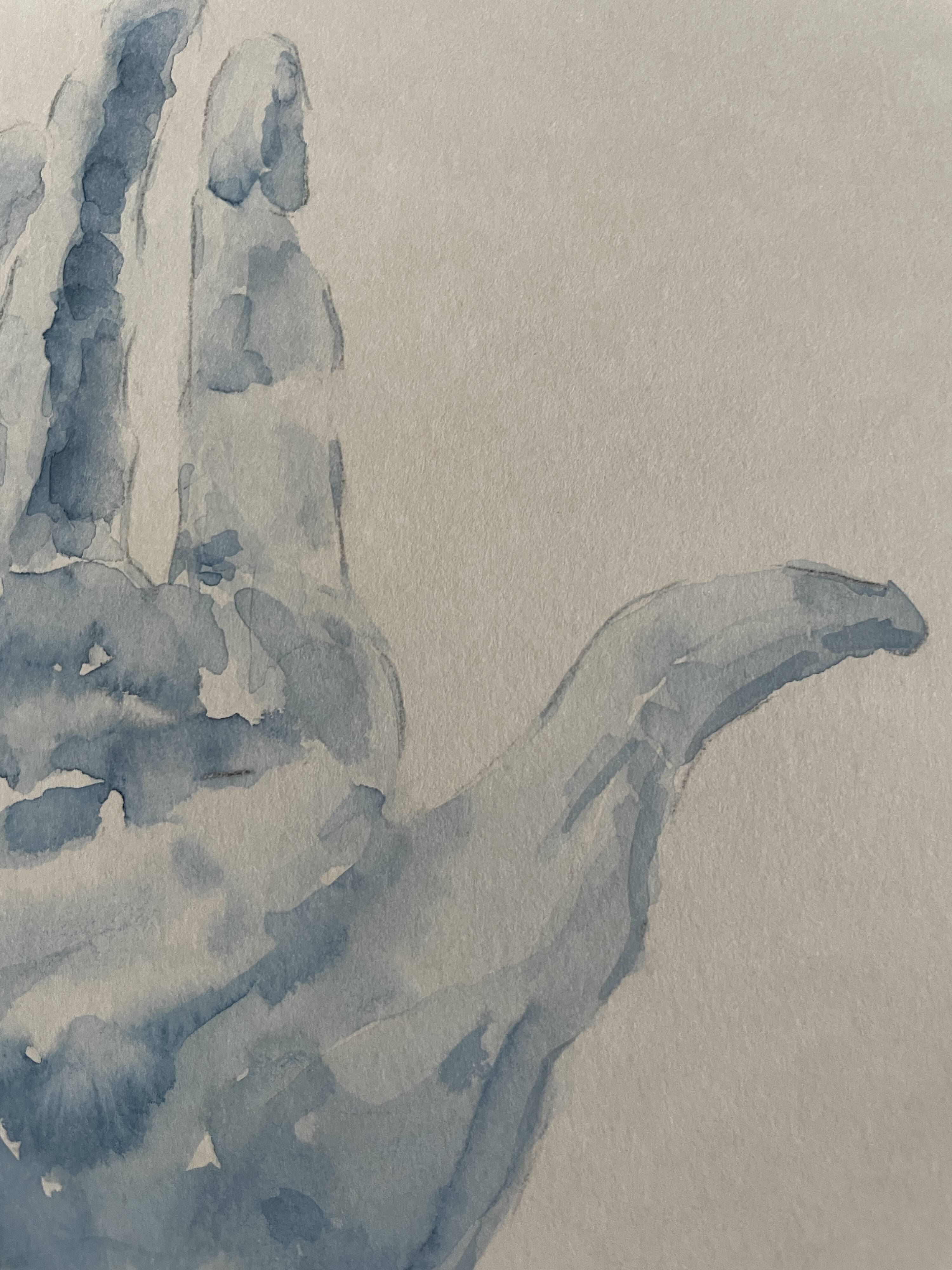 Painting signed blue monochrome watercolor study of the statue of Rodin “the hand reveals the man”