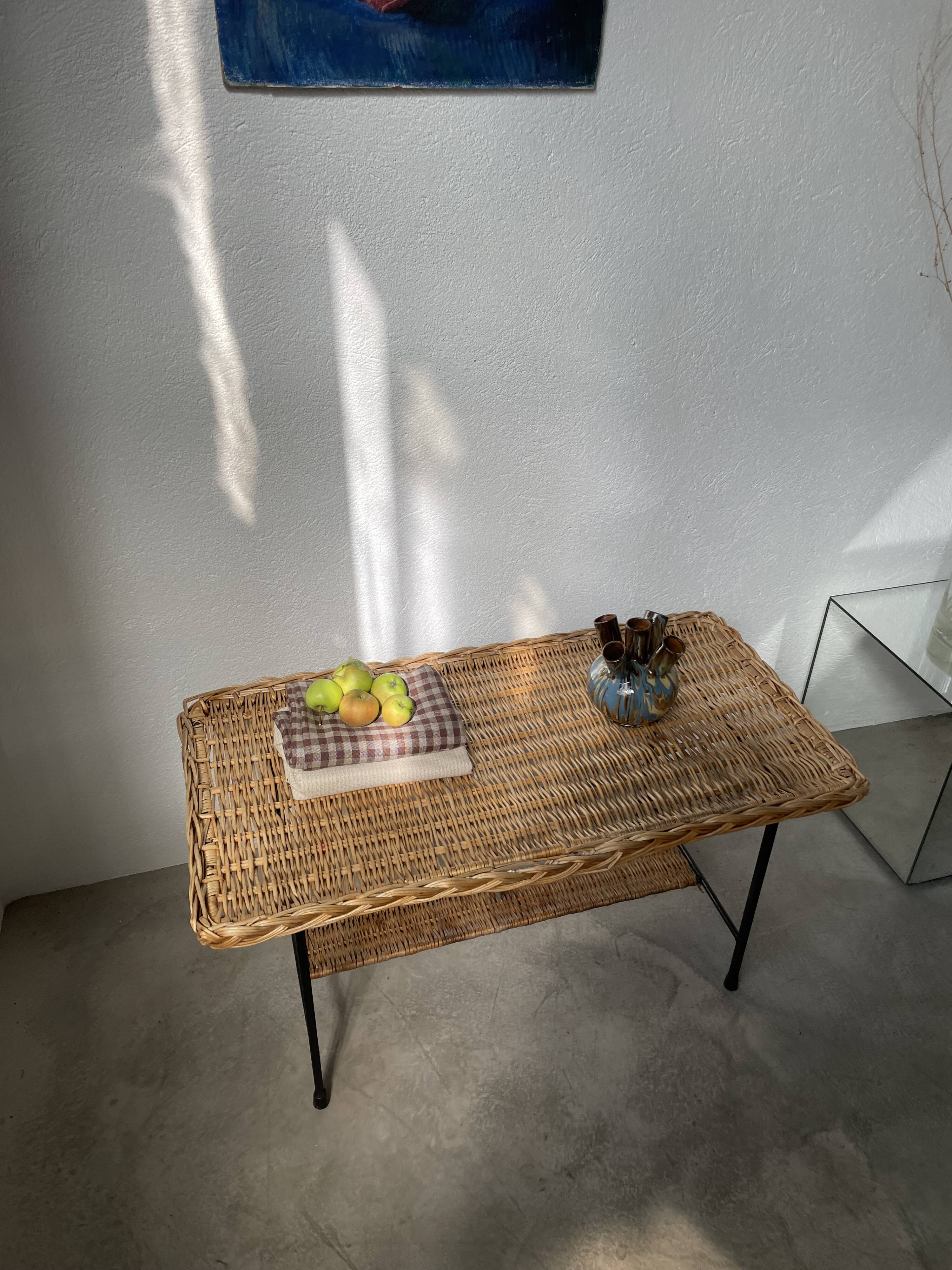 Woven wicker and metal coffee table 1960