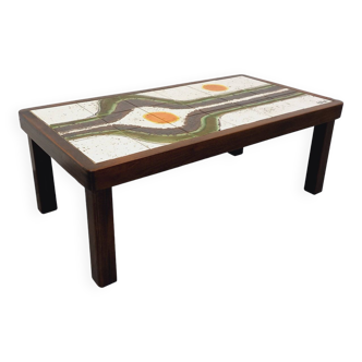 Vintage coffee table in dark wood and ceramic from Vallauris signed Jean d'Asti from the 60s and 70s