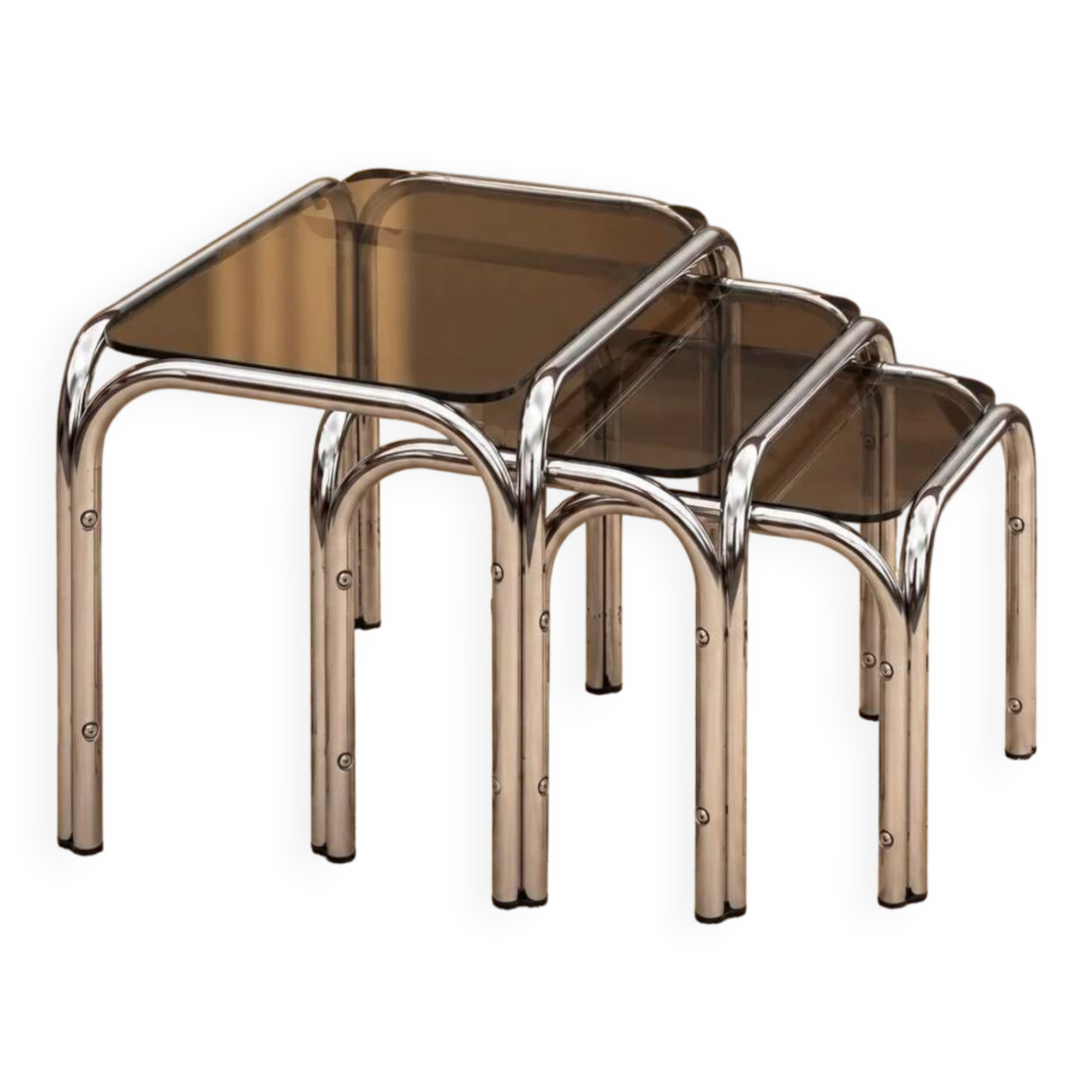 Set of nesting tables in chrome metal and smoked glass – 1970s design furniture