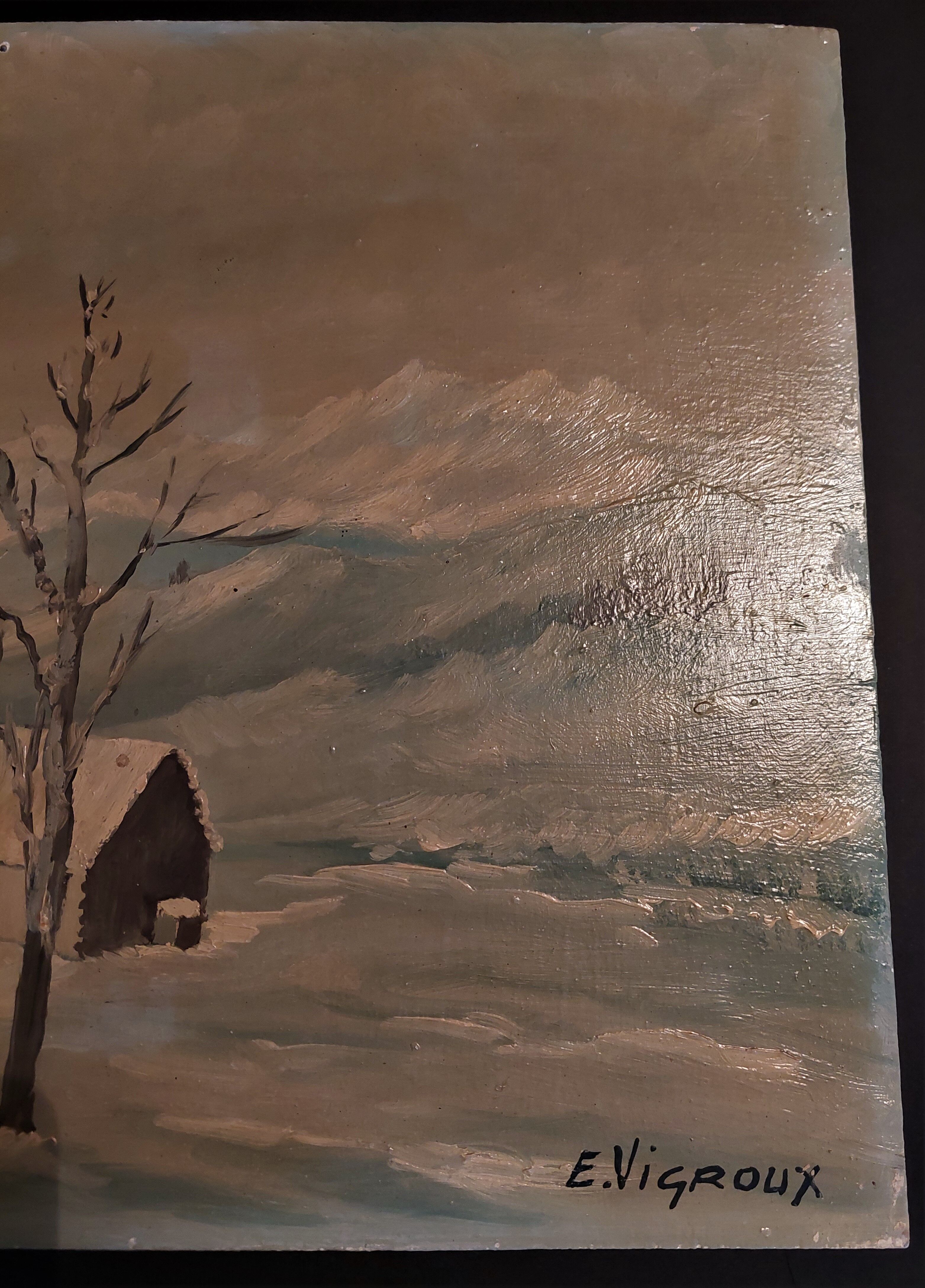 Painting painting oil on panel landscape mountain snow