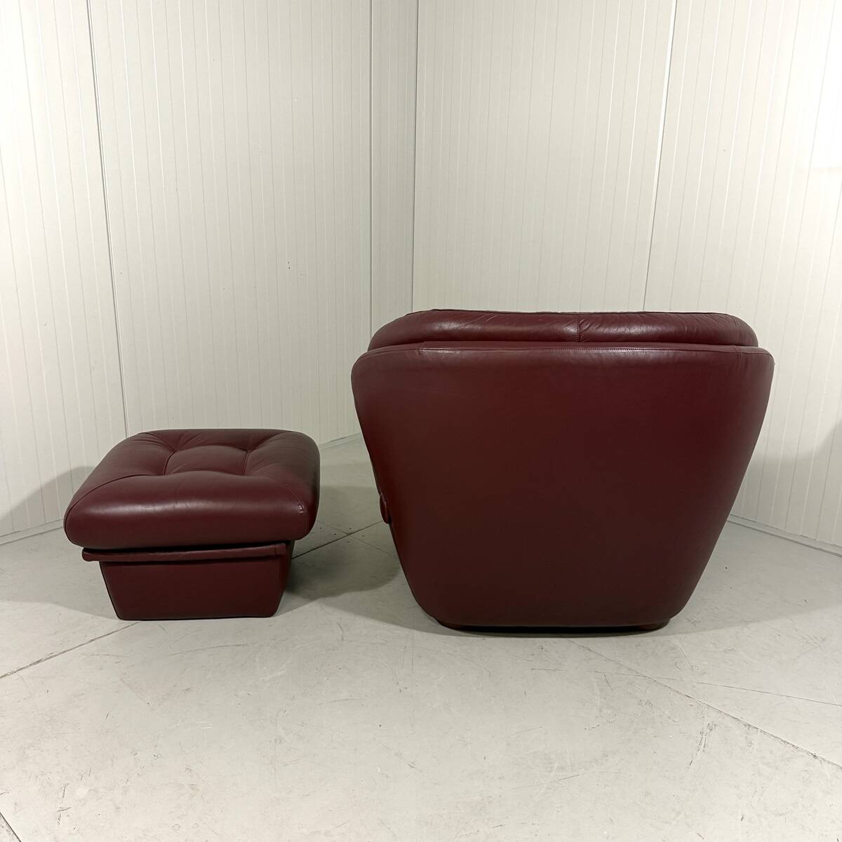 French burgundy leather space age lounge chair & footstool 1970’s