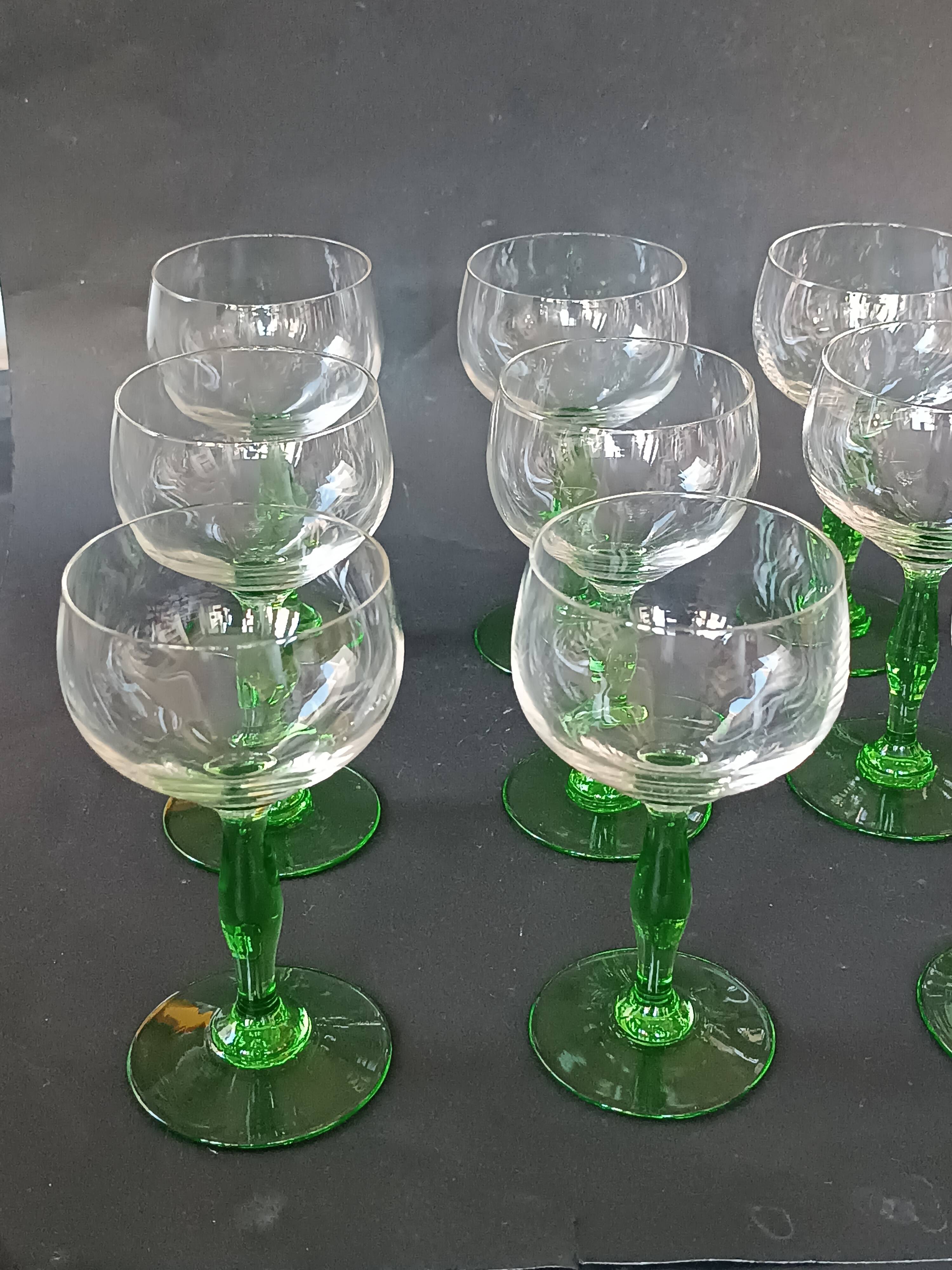 12 green footed wine glasses in opaline blown crystal 1900