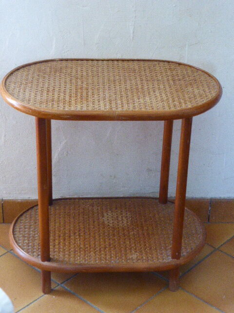 Side table, serving, pedestal, double tray, wood and vintage caning