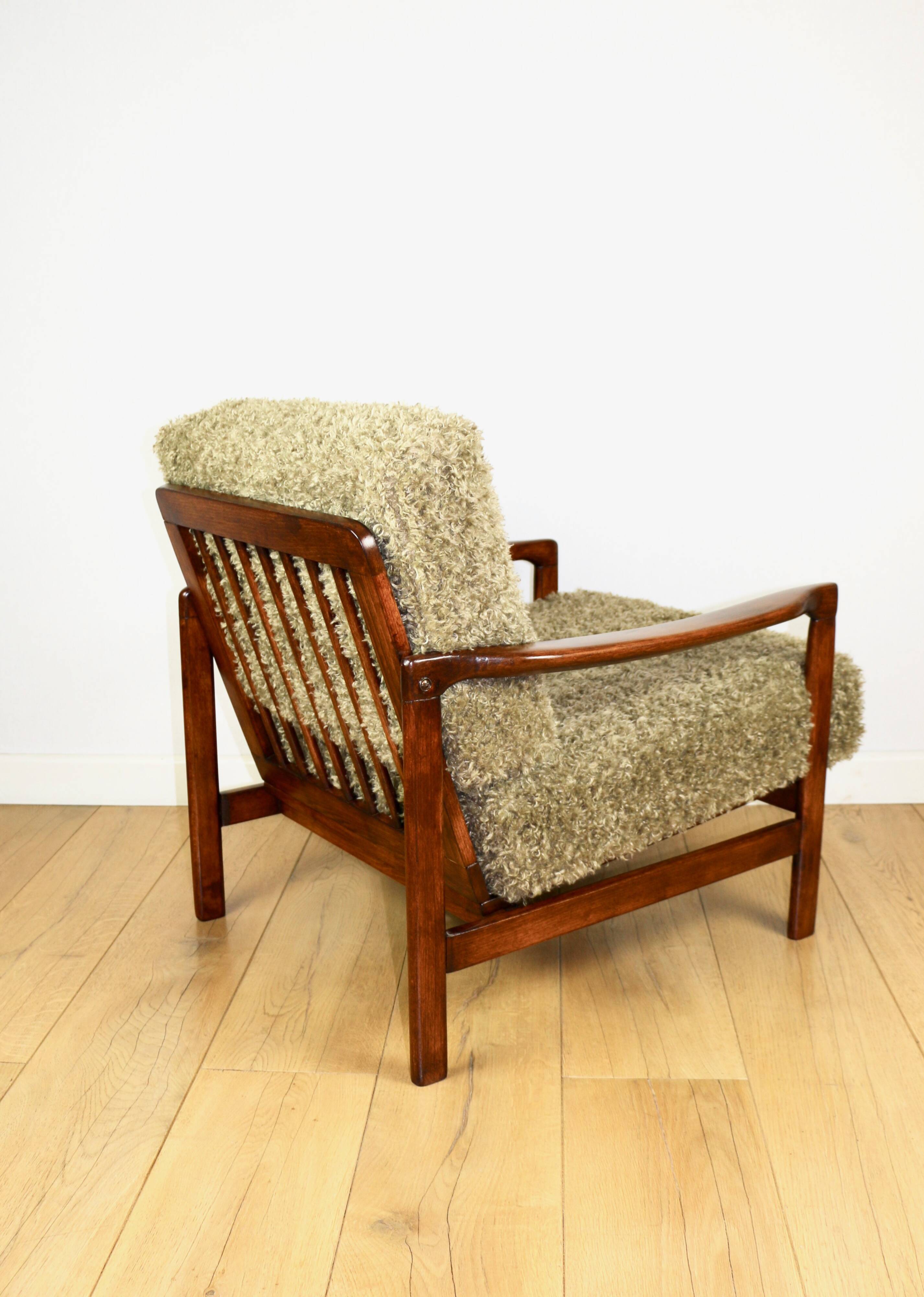 Wooden vintage brown armchair, olive green long hair, design by Z. Bączyk - 2 pieces available