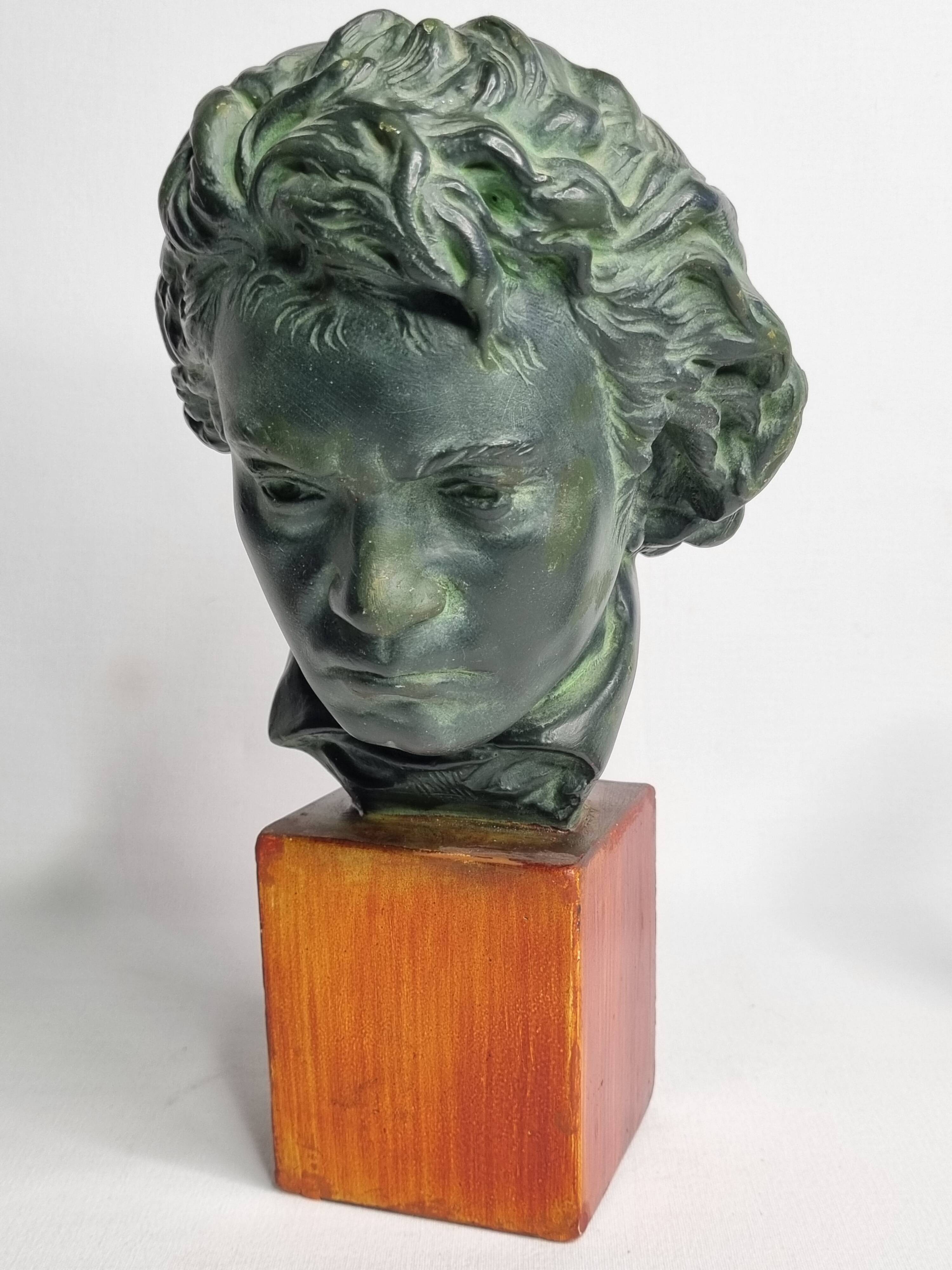 Plaster bust of Beethoven with bronze patina, signed, 27 cm