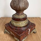 Antique french oil lamp, 19th century rouge griotte marble and patinated bronze base