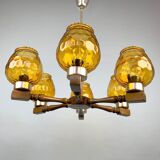 Lustre en bois et verre du milieu du siècle, années 1970