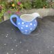Lavender blue earthenware tea service with white polka dots from Digoin Sarreguemines.