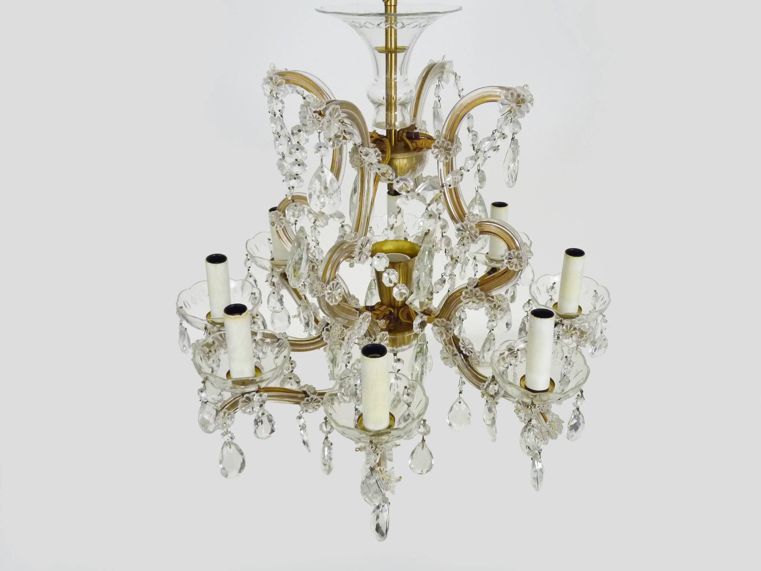 Old chandelier, pendant light, Marie Thérèse light with 9 lights and glass pendants. 1980s