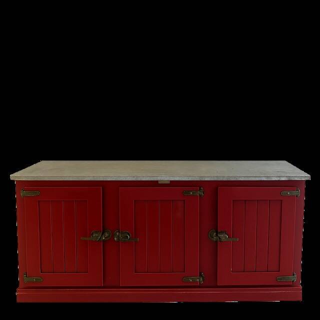 Low red "Guérande" buffet, zinc top, butcher's fridge-style doors