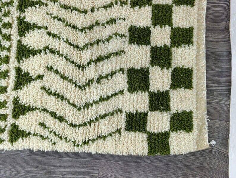 Handmade pure wool rug, green and white, size 140 x 260 cm