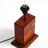 Italian 60s table lamp made of wood and leather with paper straw lampshade