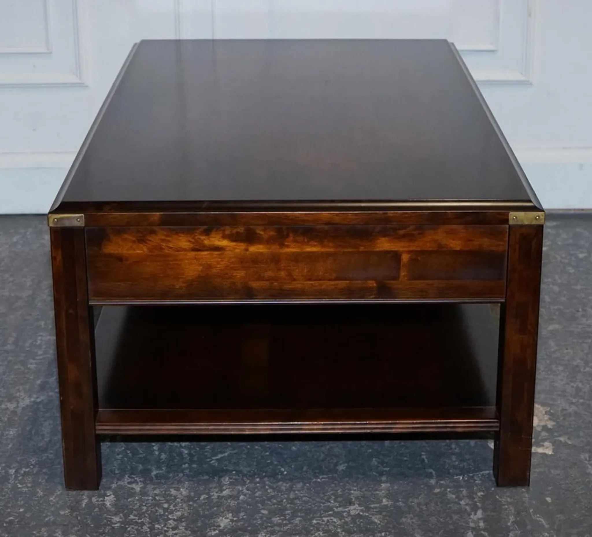 Vintage Military Campaign Coffee Table in Brass and Hardwood with Drawers