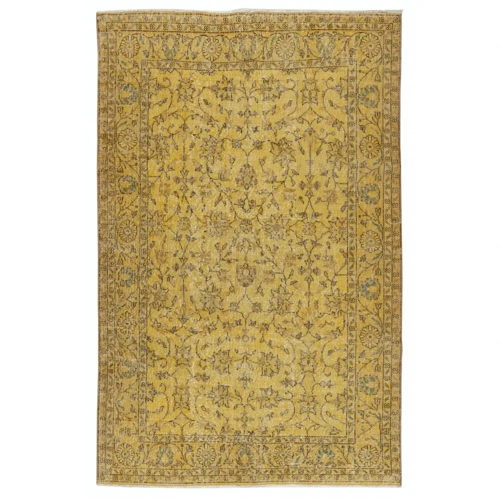 Vintage Handmade Turkish Wool Area Rug Overdyed in Yellow for Contemporary Interiors