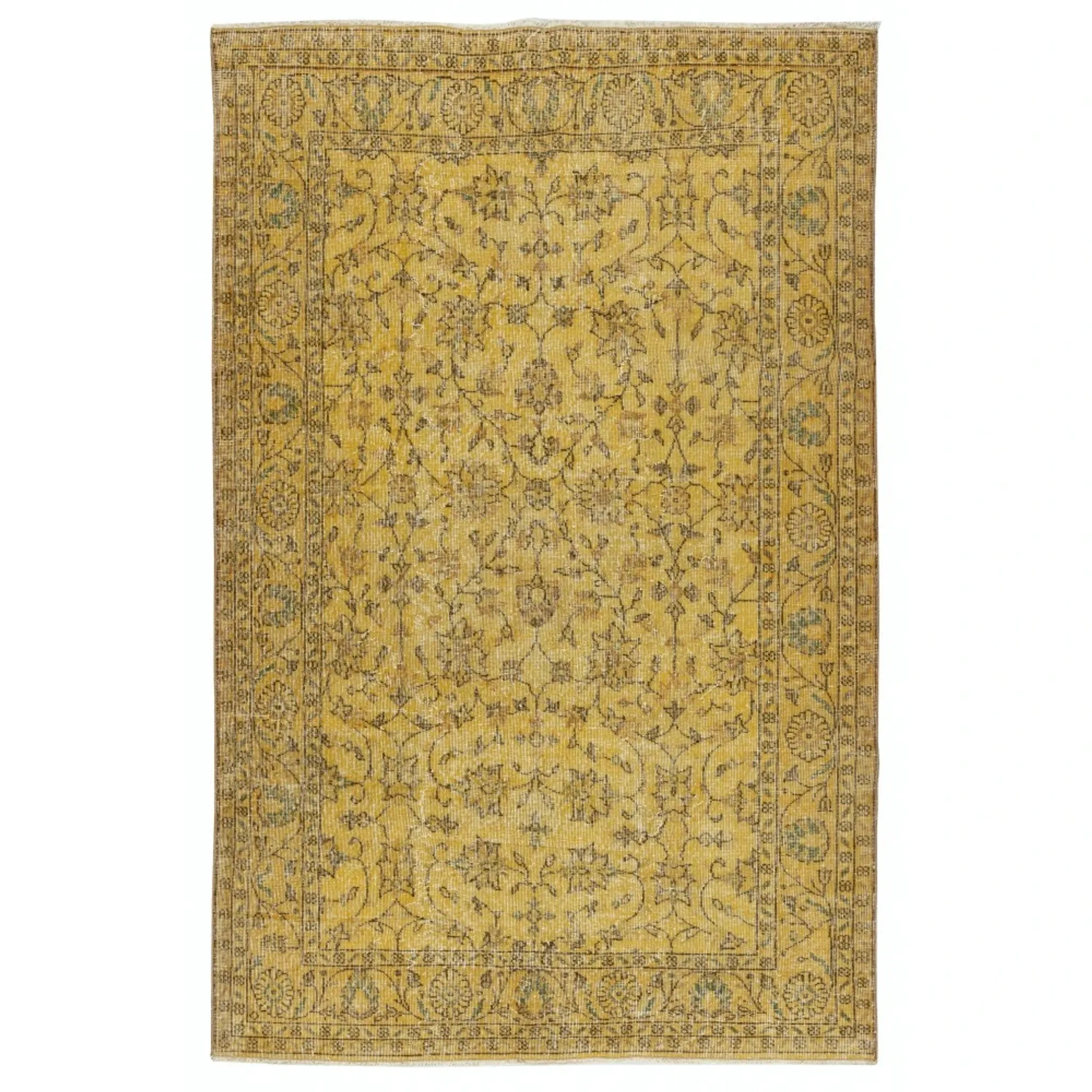 Vintage Handmade Turkish Wool Area Rug Overdyed in Yellow for Contemporary Interiors