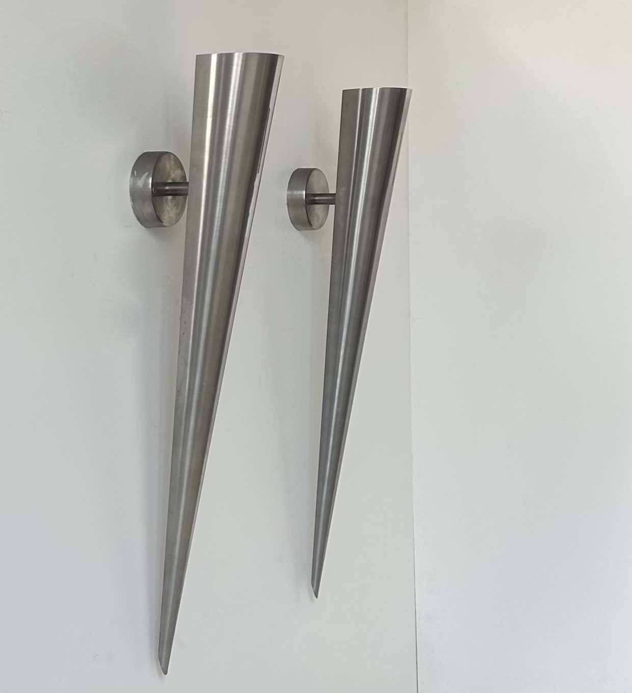 Pair of vintage XL wall lights, brushed curved metal, France 1980