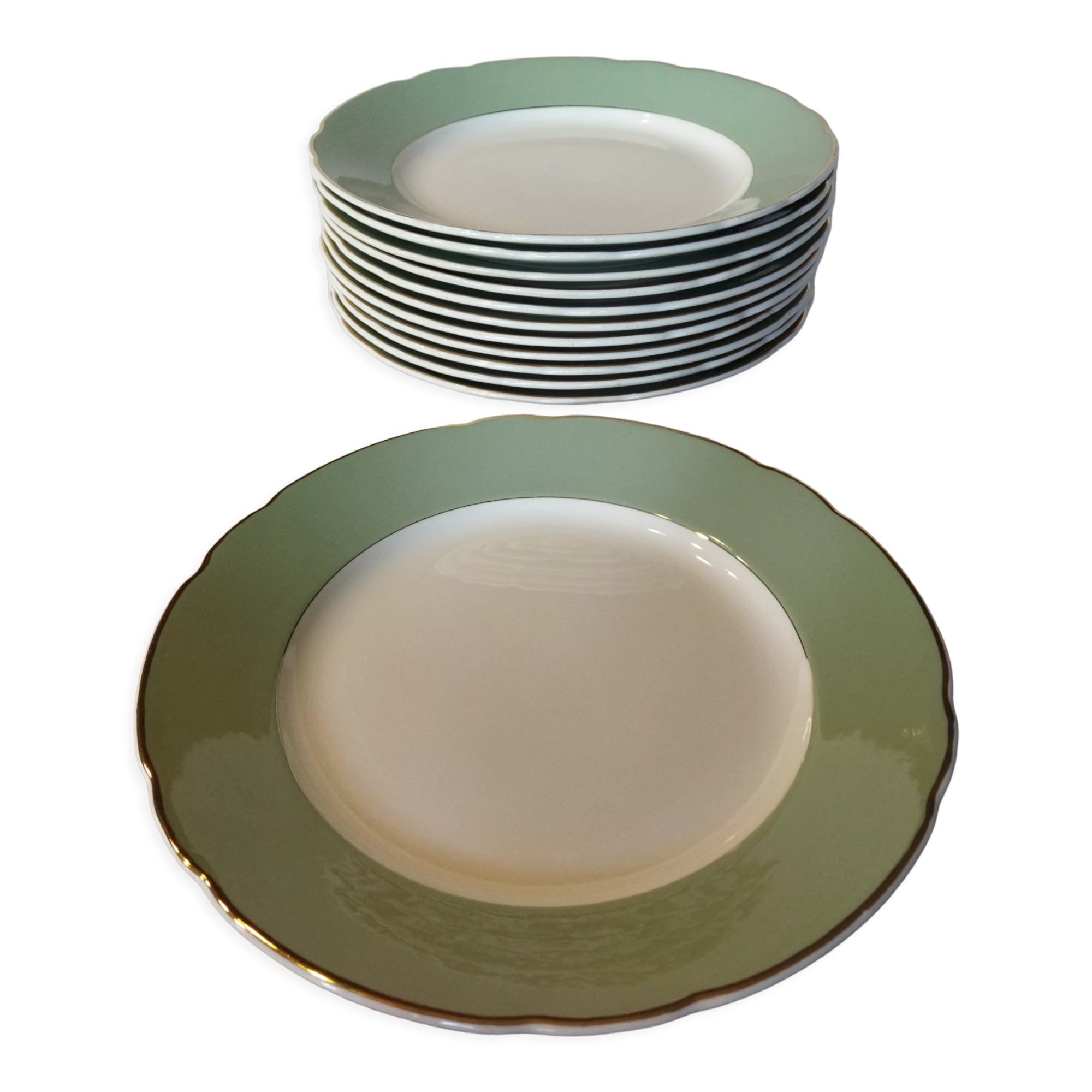 12 flat plates Villeroy & Boch Mettlach celadon green and vintage gold 1960s