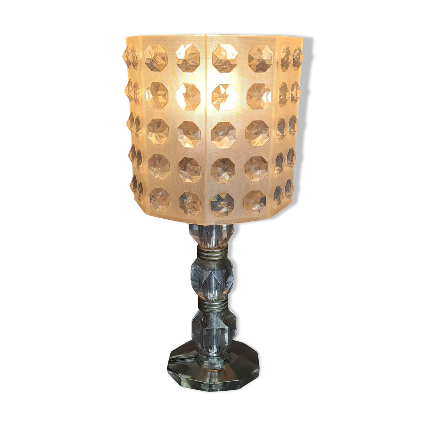 Lampe de table pied verre & abat-jour plastique diamanté Vintage 50-60