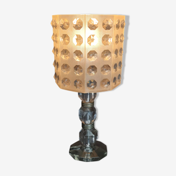 Lampe de table pied verre & abat-jour plastique diamanté Vintage 50-60