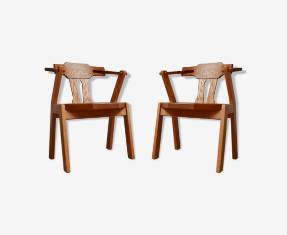 Pair of Oak Brutalist Mid-Century Dining Chairs (2)