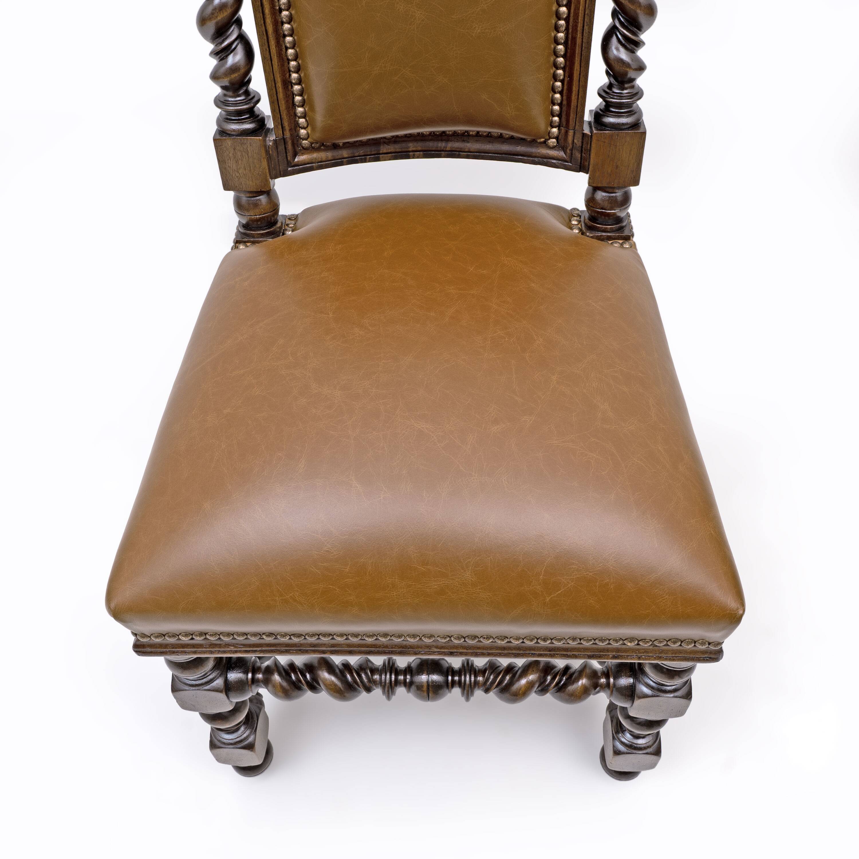 Six Antique Italian Neo-Renaissance Walnut Dining Chairs in Genuine Leather
