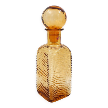 Carafe vintage en verre ambré ondulé Empoli italien MCM avec bouchon boule rond
