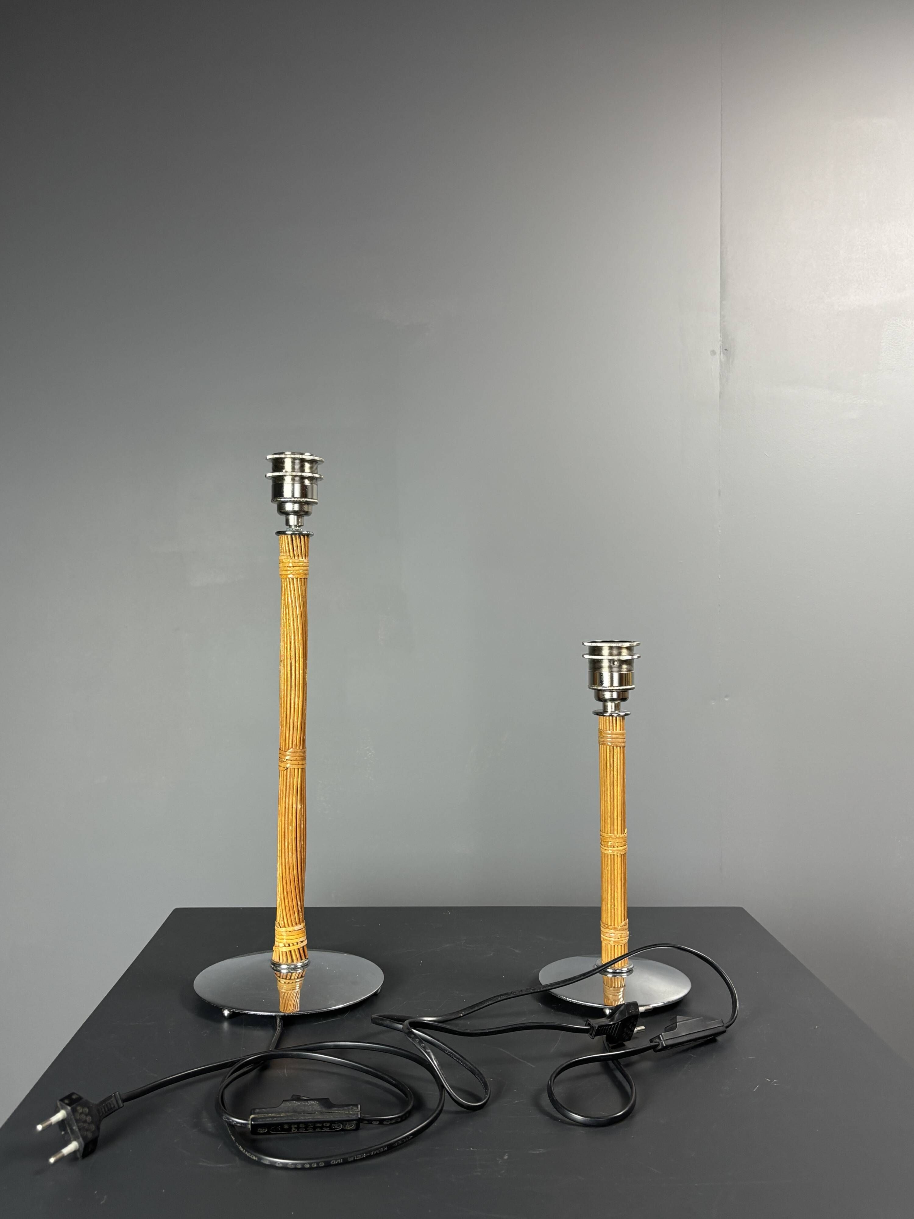 Set of 2 pencil reed rattan bamboo and chrome table lamps, 1980s
