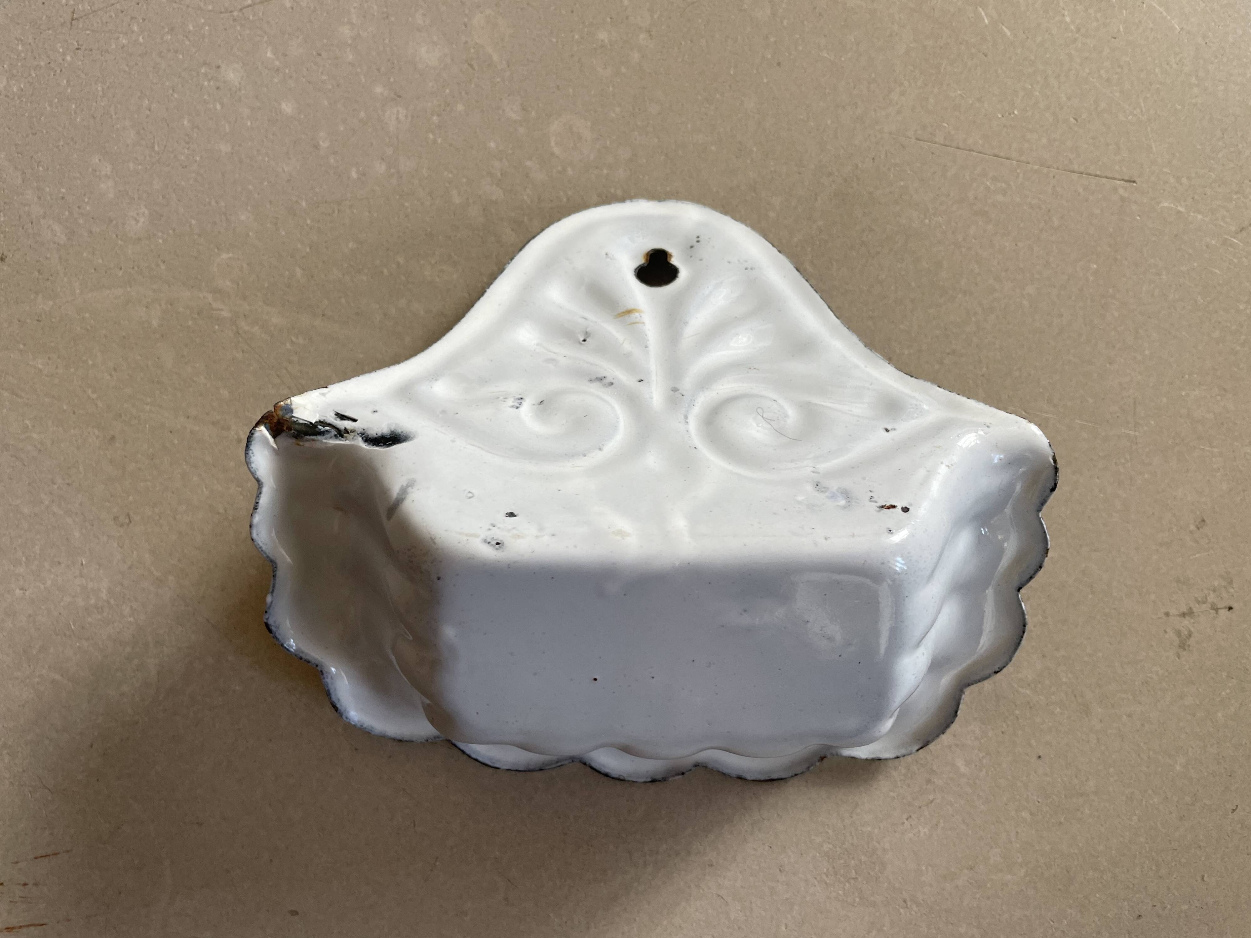 Antique enamelled metal wall mounted soap dish