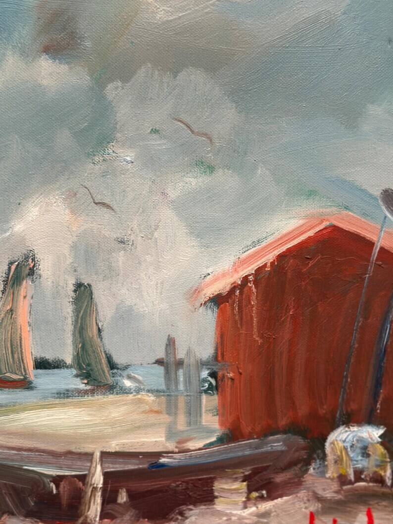 Original Swedish Oil on Canvas – “Coastal Village” by Eric Lo – Signed – Vintage & Framed