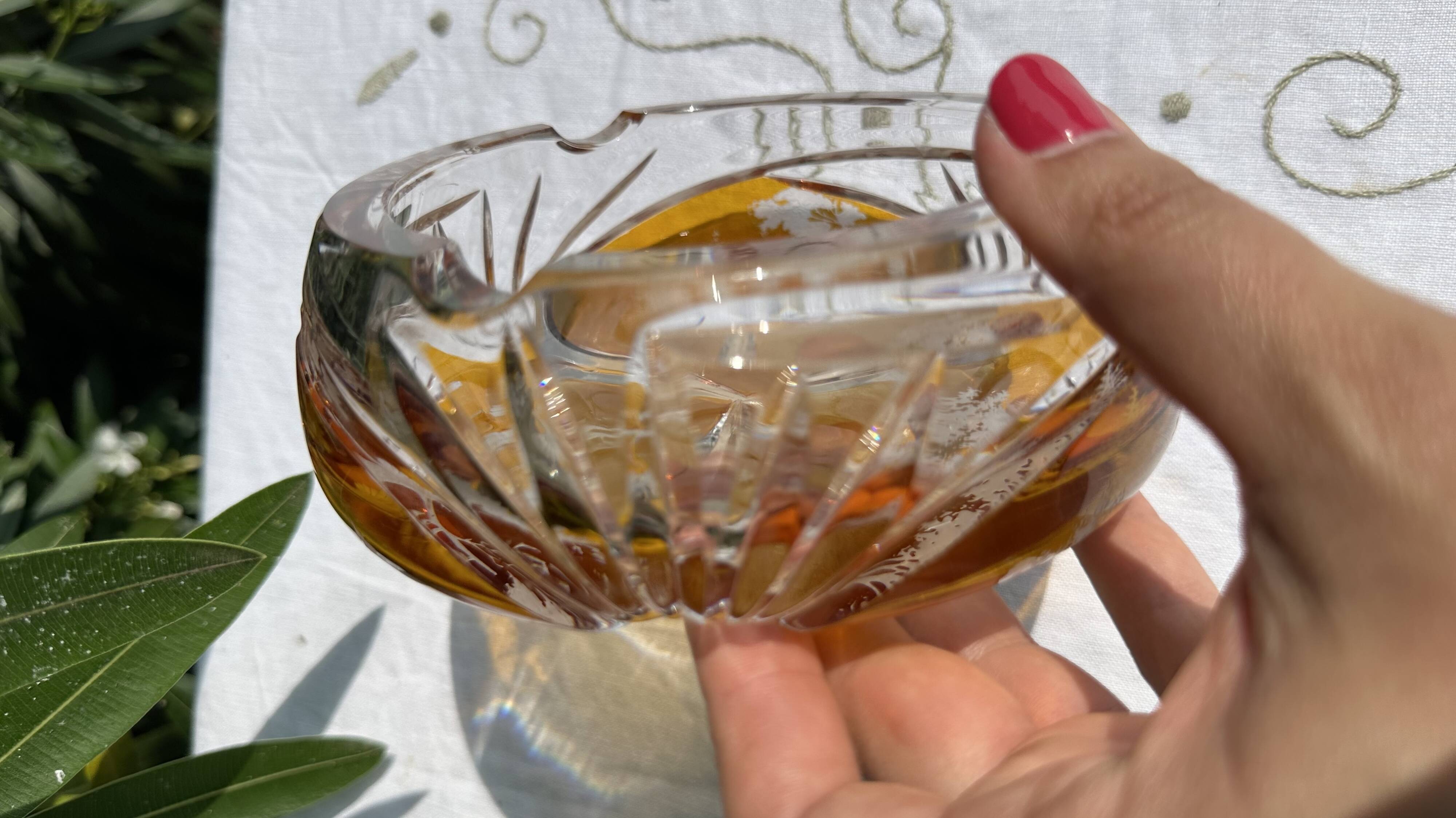 Magnificent Vintage Bohemian Ashtray in Cut Crystal of Yellow Orange