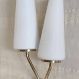 Asymmetrical double light wall sconces in brass, metal, and opaline - 50s
