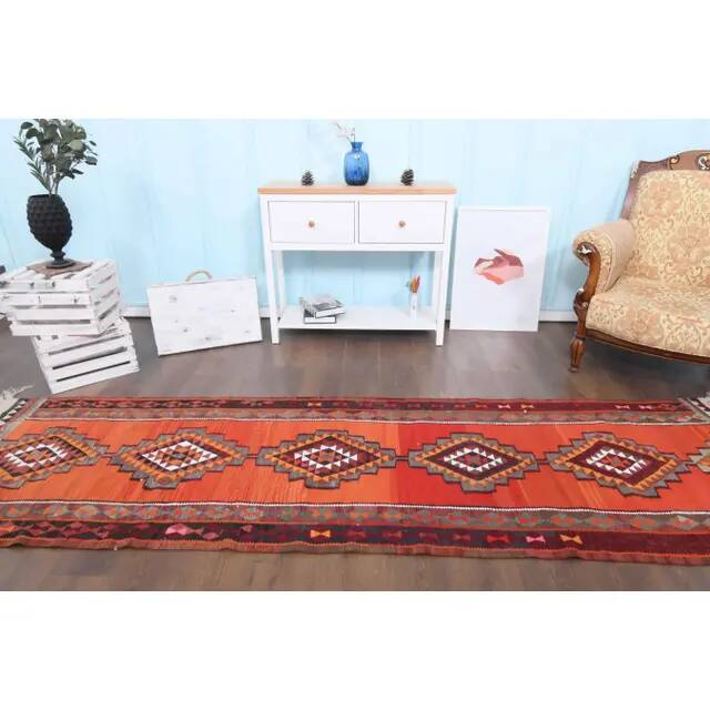 1970s Vintage Turkish Hand-Knotted Wool Cotton Orange Runner Rug 92x320