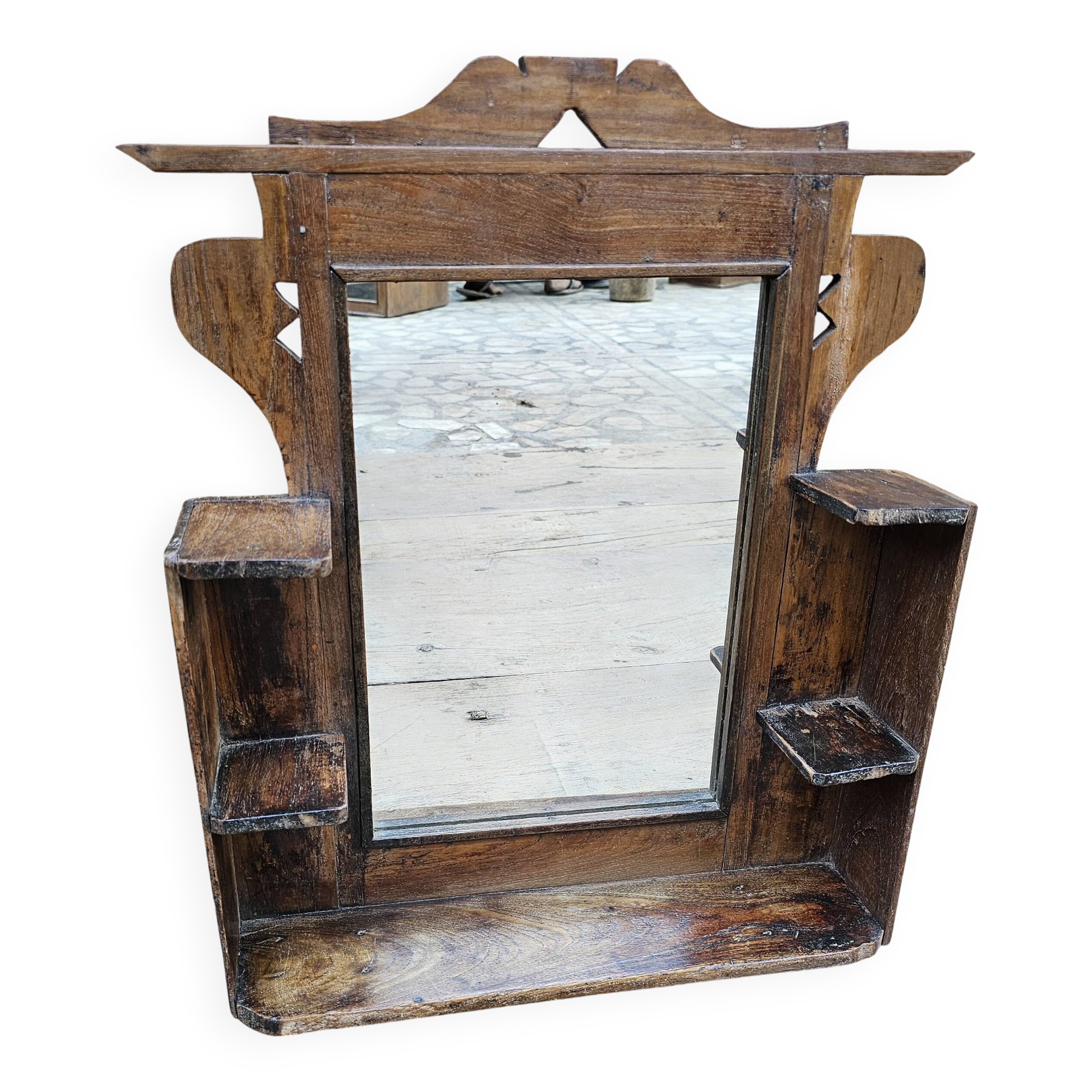 Antique mirror - Art Deco shelf in Burmese teak