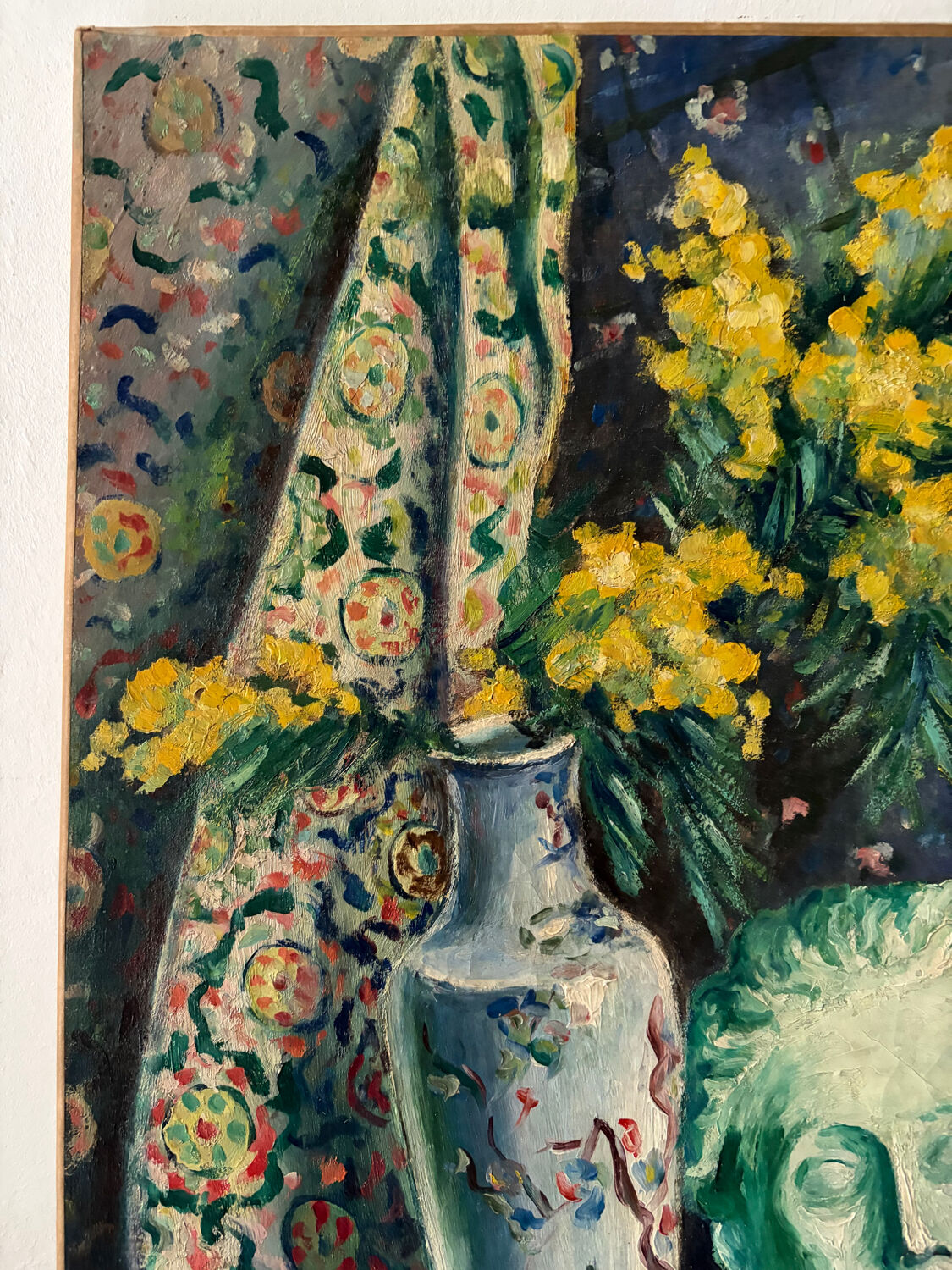 Still life with vase, bust and forsythia, oil on canvas signed