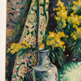 Still life with vase, bust and forsythia, oil on canvas signed