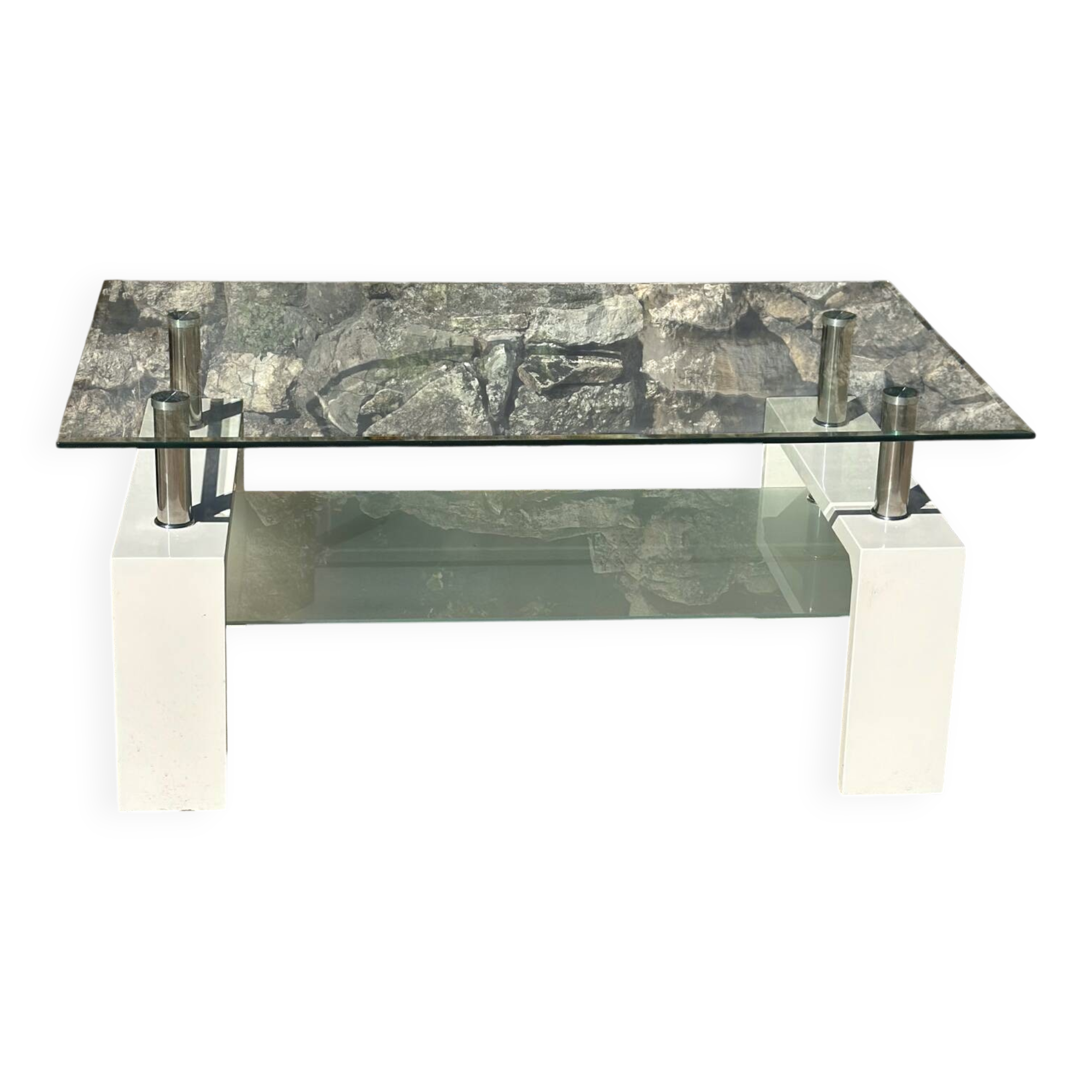 Coffee table in tempered glass and white metal.