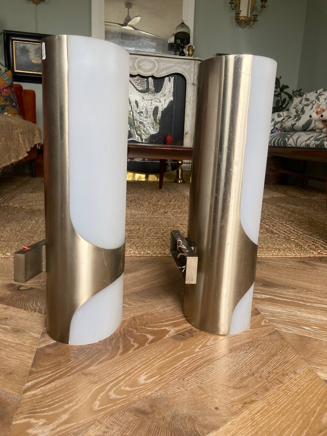 Brushed metal and ribbed opal plastic wall lights