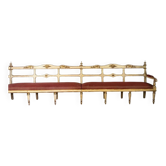 Carved wooden bench, gilded and painted, Italy around 1880, 510cm long.