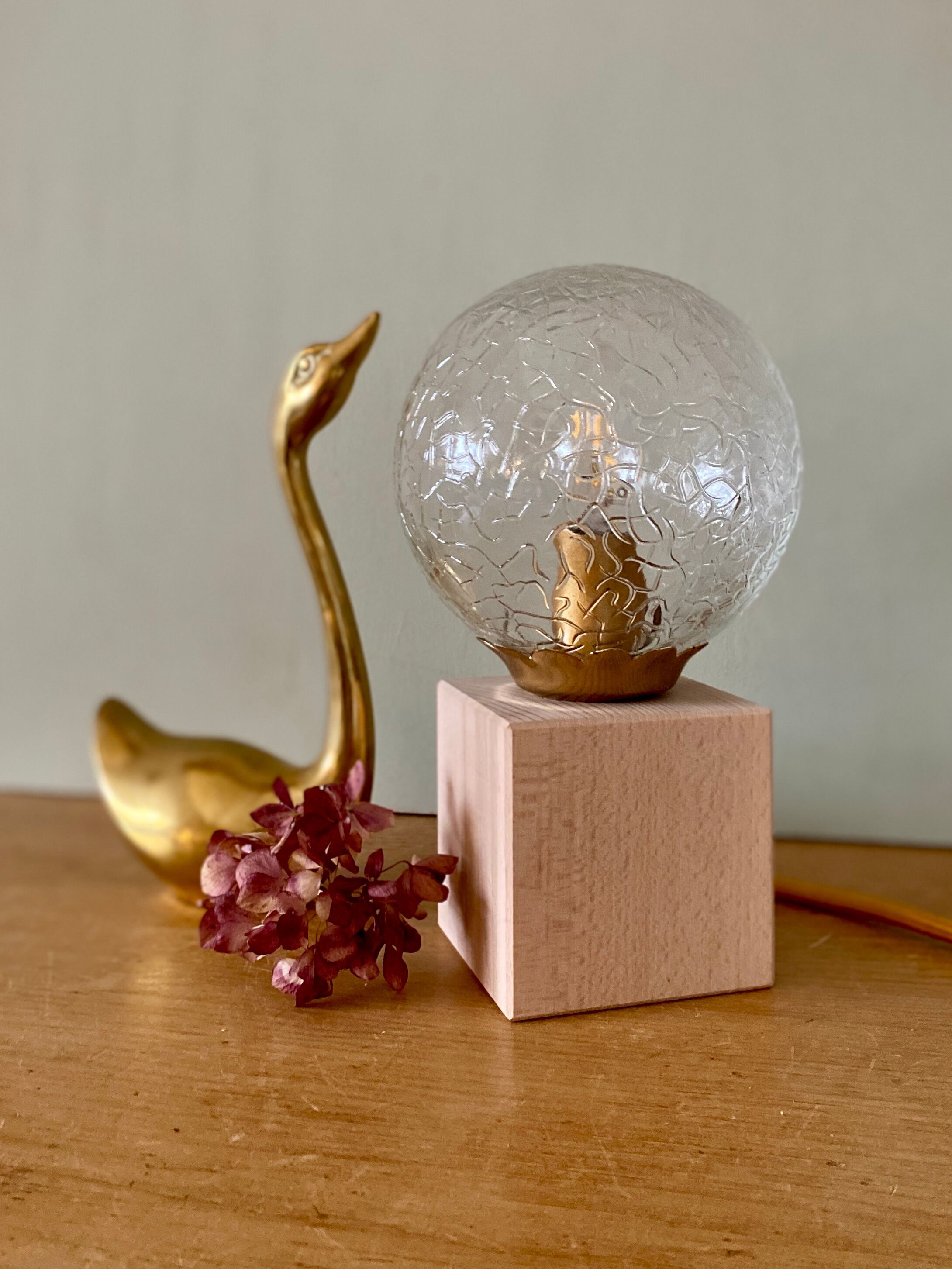 Vintage glass globe table lamp and wooden foot