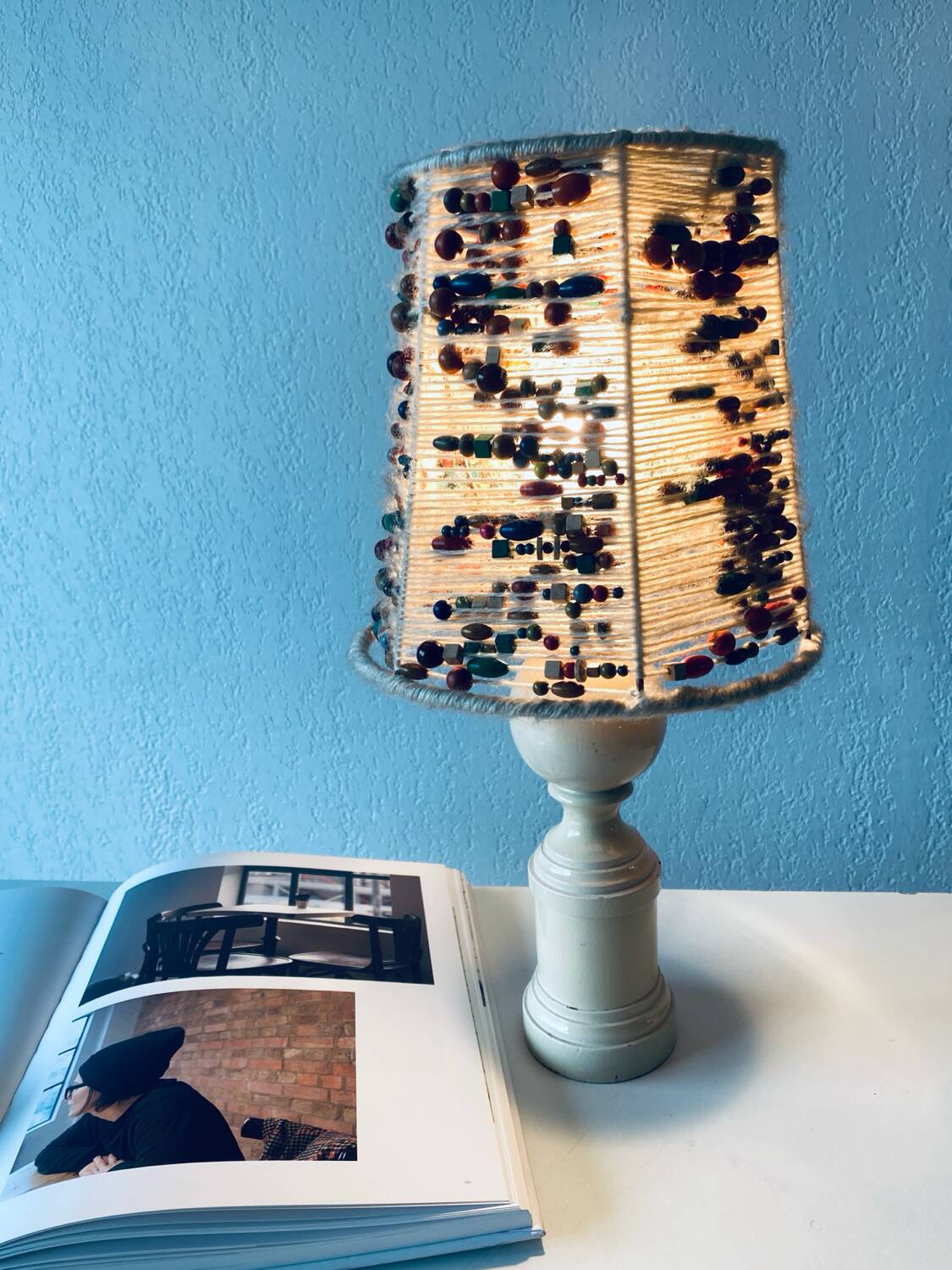 Lamp in turned wood and beads