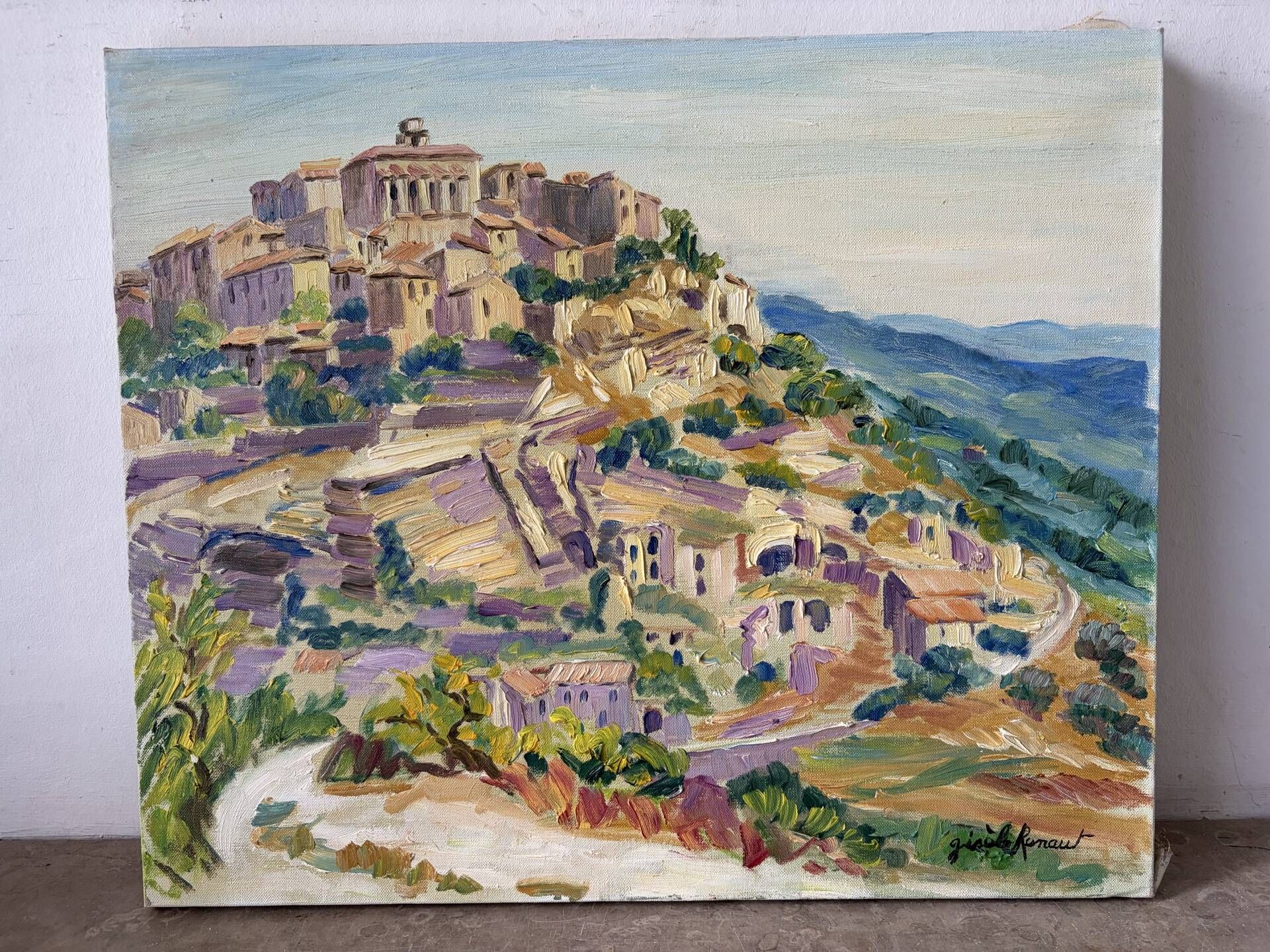 Gordes, village in the Luberon, oil on canvas signed Gisèle Renaut