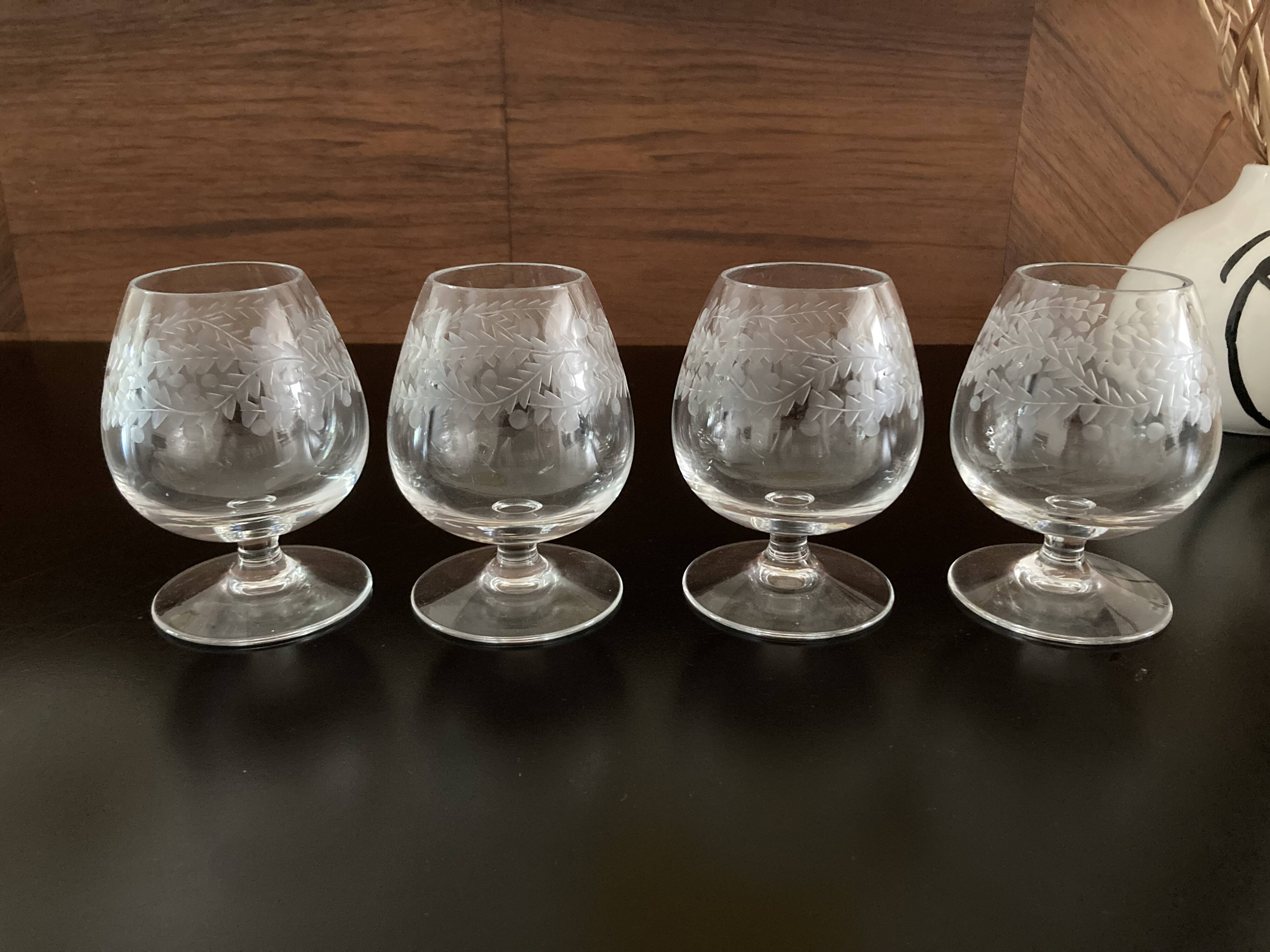 Set of 4 blown and cut crystal cognac glasses
