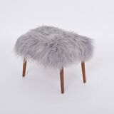 Danish Mid-century Modern stool reupholstered in grey sheep skin
