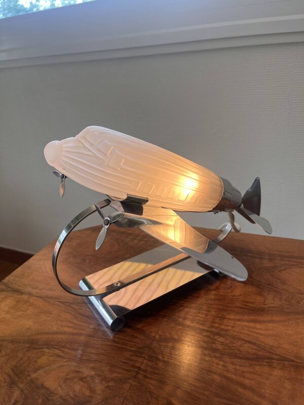 Lampe avion vintage art déco chrome et verre opalin