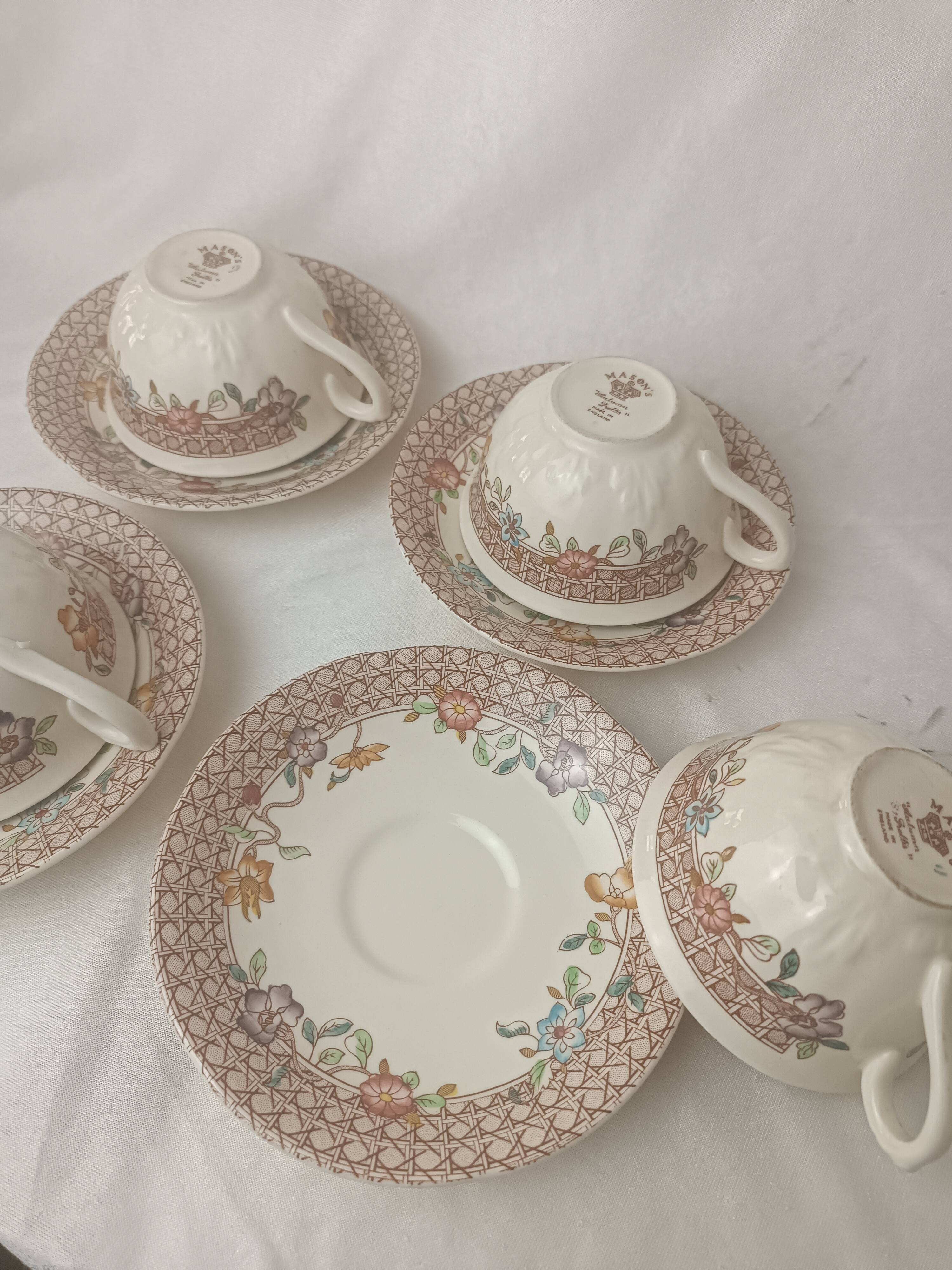 4 Mason's Autumn Trellis Porcelain Teacups & Saucers
