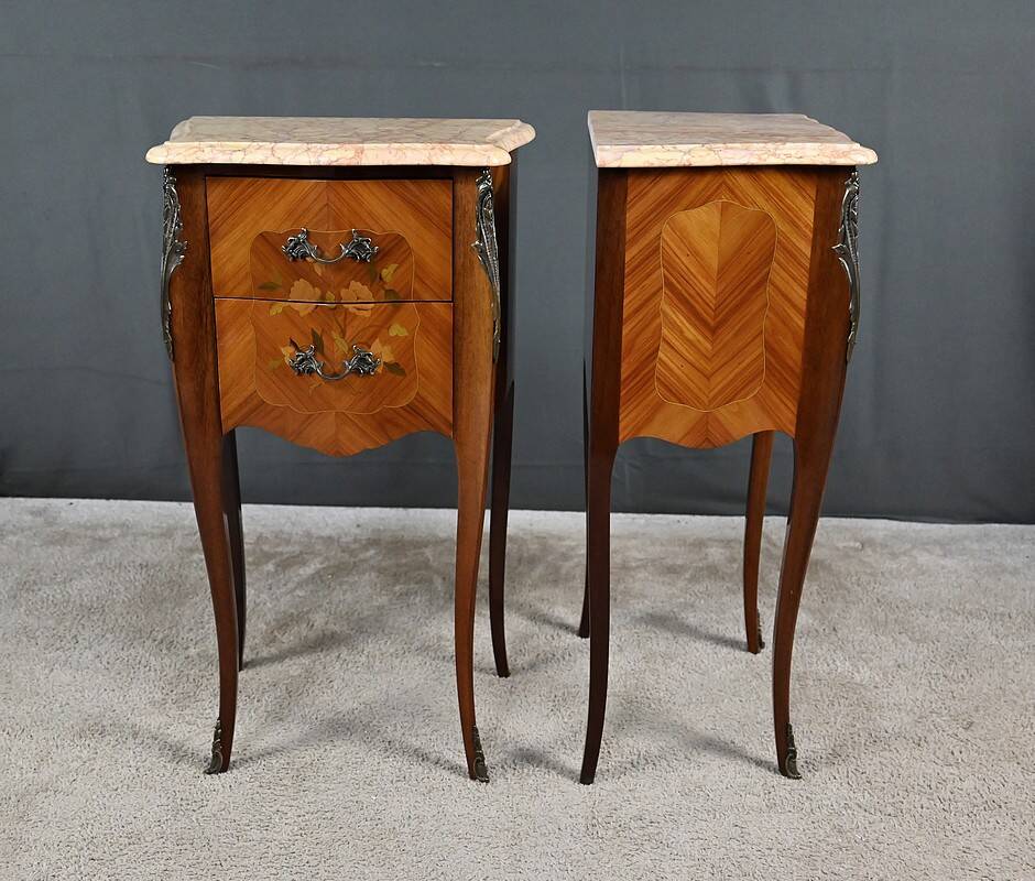 Pair of bedside tables in rosewood marquetry, Louis XV style – 2nd half of the 20th century