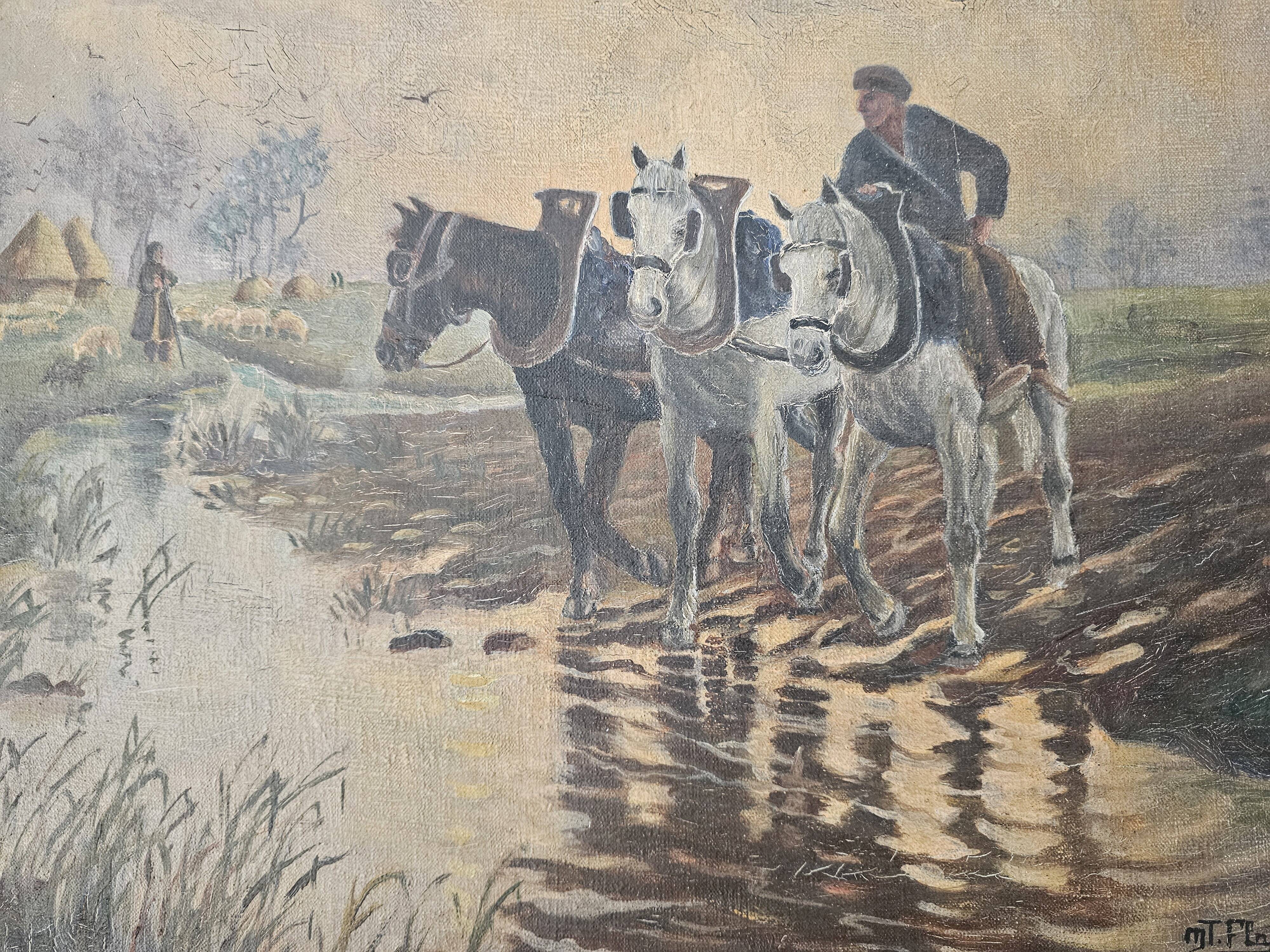 Tableau Huile sur Toile Paysage chevaux ruisseau - Signé M.T. Flabault 1929