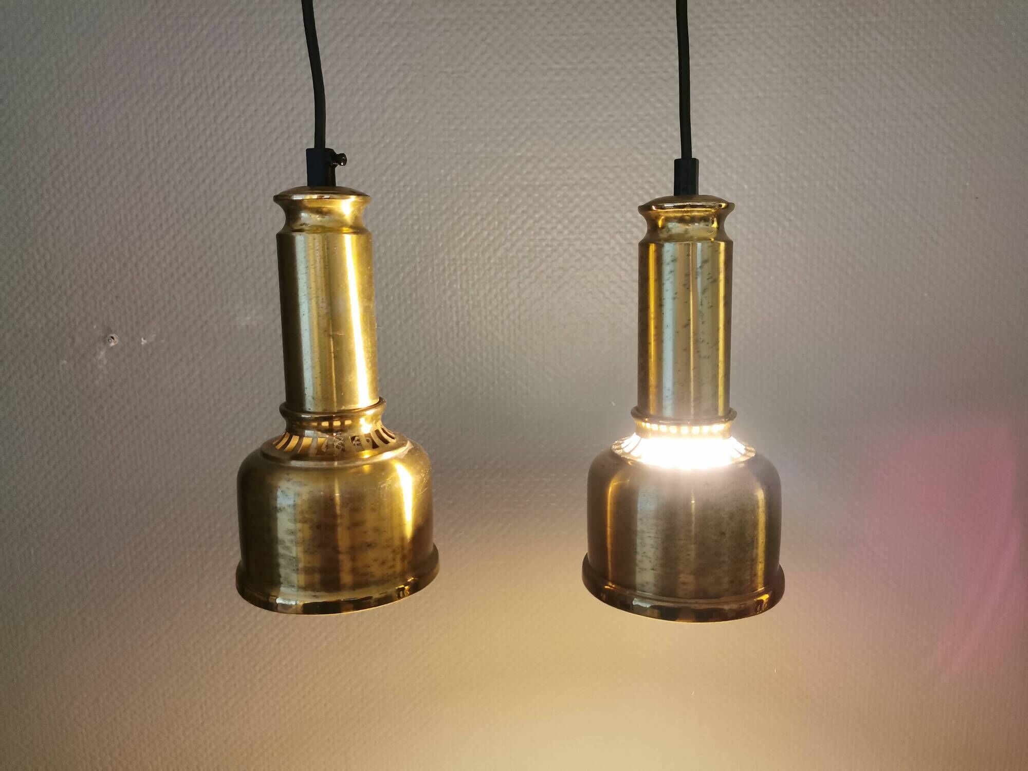 Two beautiful perforated brass hanging lamps, Danish and from the 1980s.
