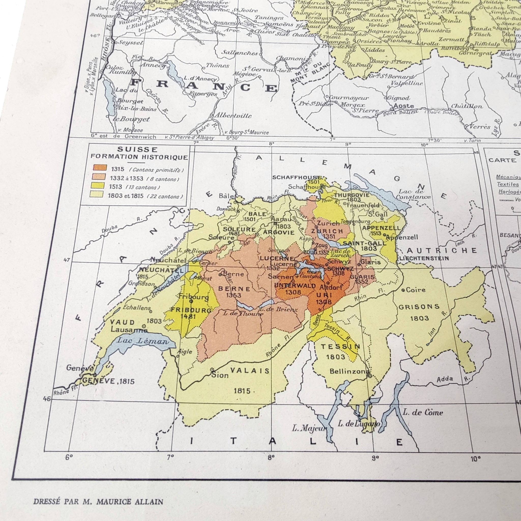 Vintage map of Switzerland in colour 43x43cm from 1950.